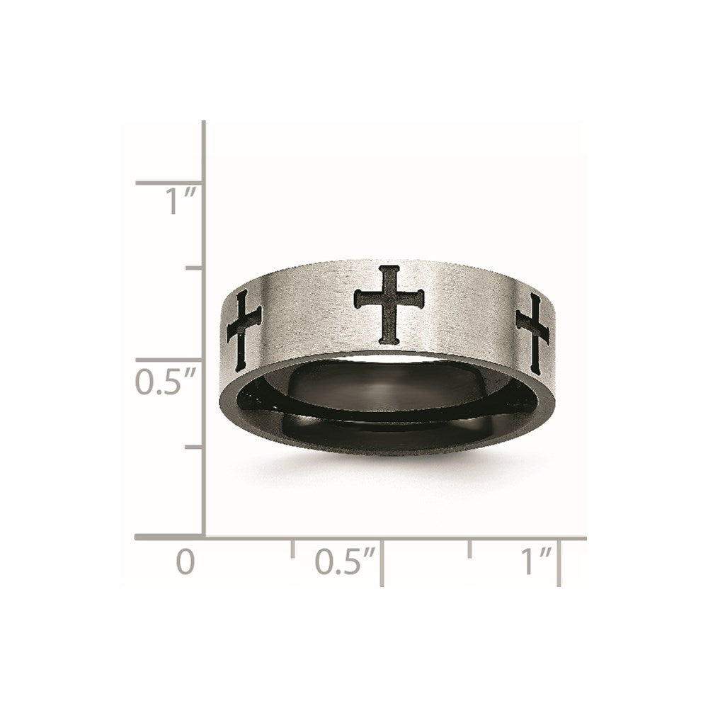 Stainless Steel Brushed/Polished Black IP-plated Crosses 7mm Band Size - 9.5