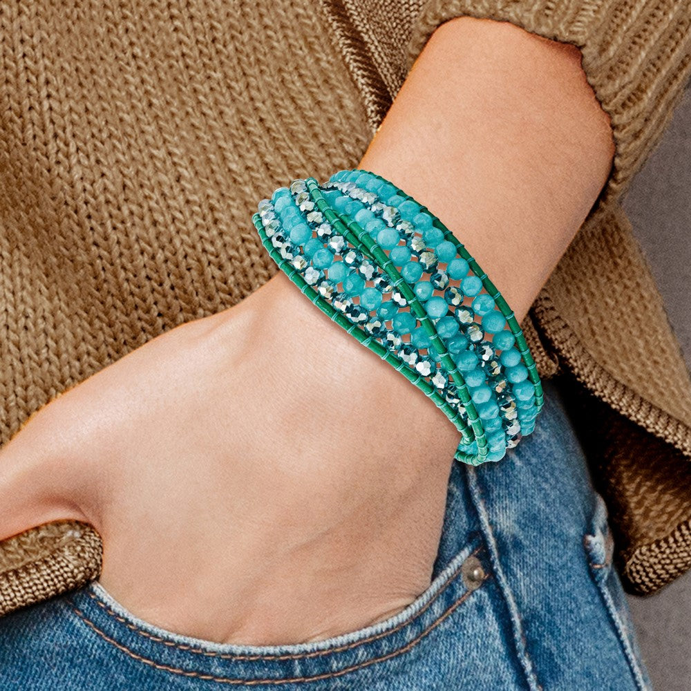 Leather Blue Zircon Quartz/Crystal Multi Wrap Brass Button Bracelet