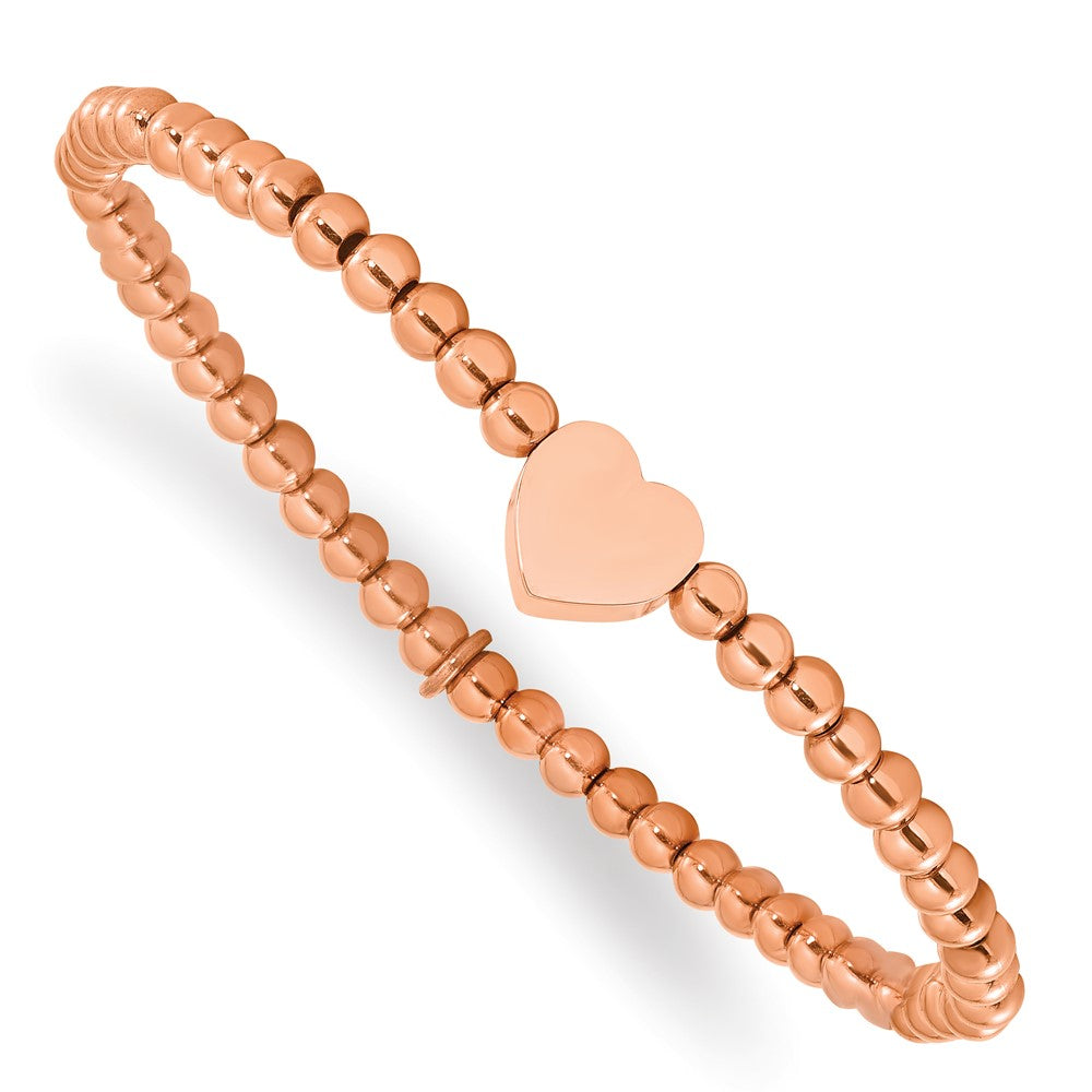 Stainless Steel Polished Rose IP-plated Heart Beaded Stretch Bracelet 6.5 inches