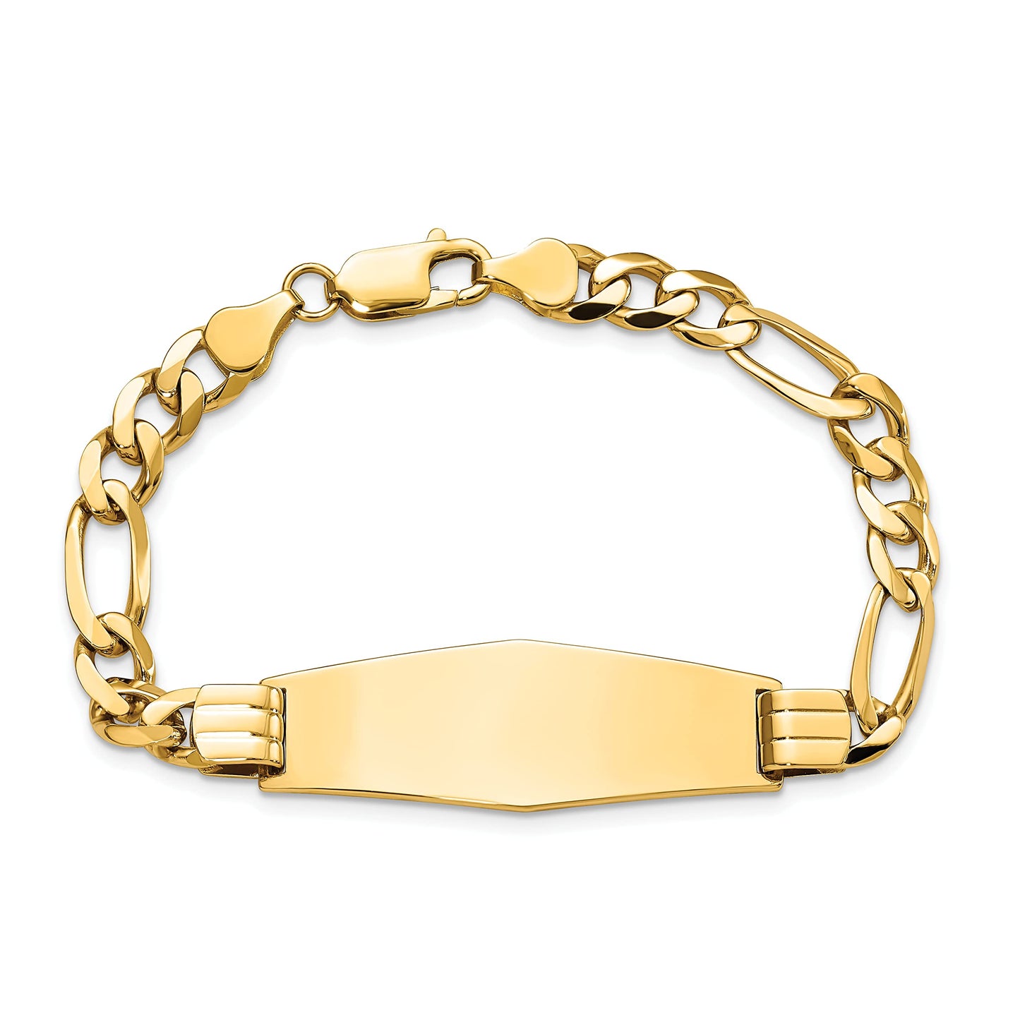 14k Polished Solid Chain/Solid Plate Flat Figaro Link Soft Diamond Shape 37x13.5mm Plate 7 inch ID Bracelet