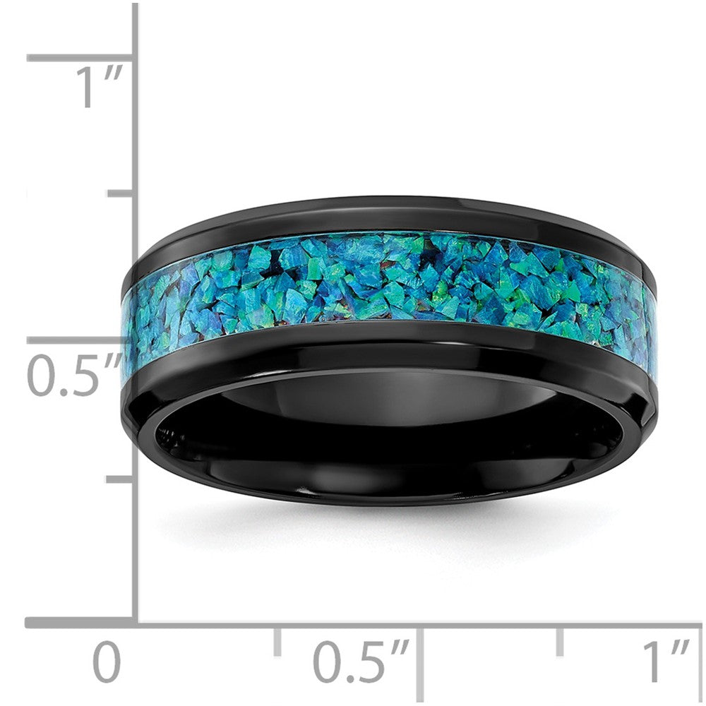 Black Zirconium Polished with Blue Imtitation Opal Inlay 8.00mm Band Size - 7