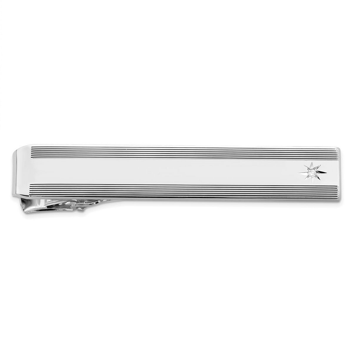 Solid Polished and satin Engravable (front only) Rhodium Plated .01 Ct. Diamond Tie Bar Measures 53x8mm Wide - Tie Clip