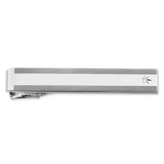 Solid Polished and satin Engravable (front only) Rhodium Plated .01 Ct. Diamond Tie Bar Measures 53x8mm Wide - Tie Clip
