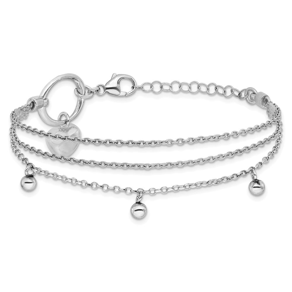 Sterling Silver Rh-plated Heart 3-strand w/ 1in ext. Bracelet 7  inches