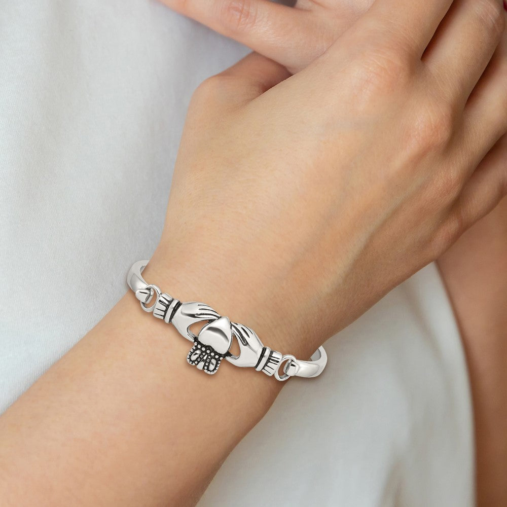 Stainless Steel Antiqued and Polished Claddagh Bangle 6.75 inches