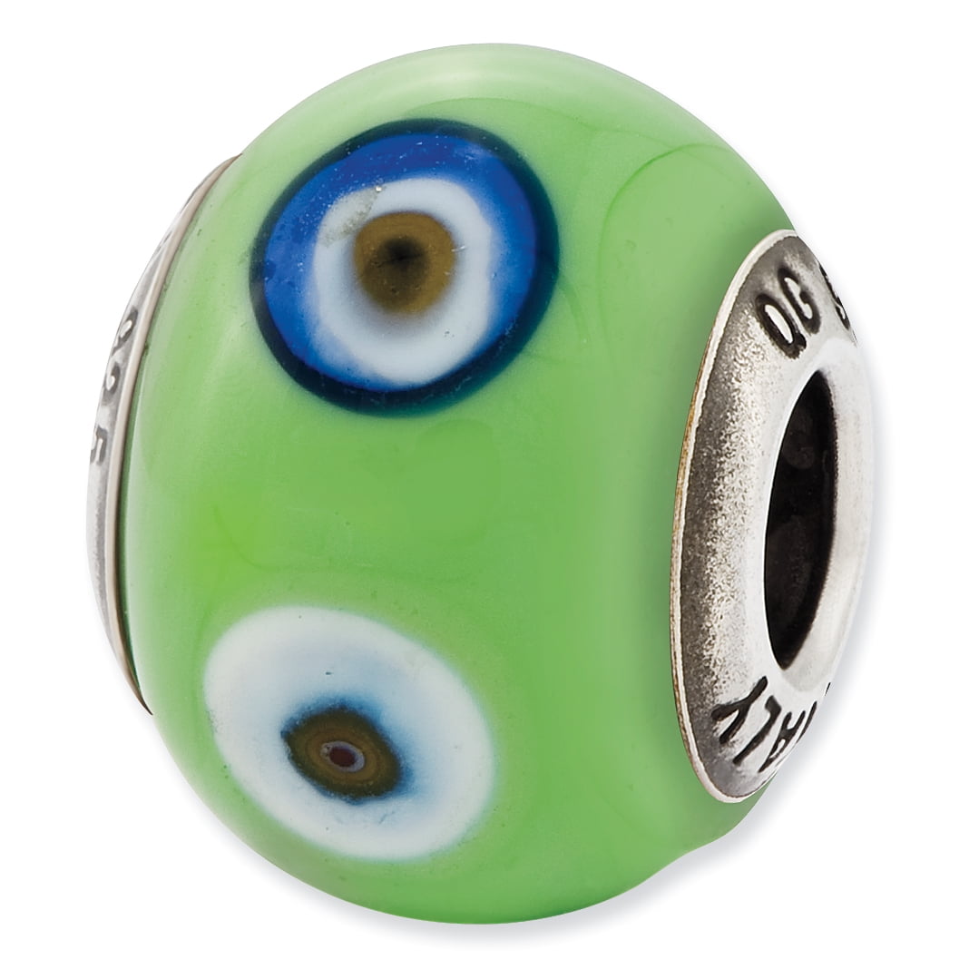 Sterling Silver Reflections Italian Green w/Decorative Accents Glass Bead