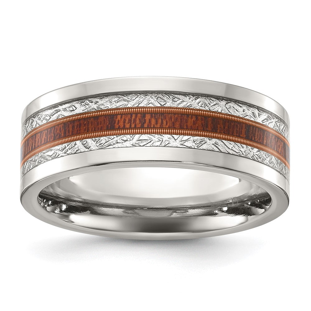 Chisel Stainless Steel Polished with Wood and Imitation Meteorite Inlay 8mm Band Size - 9