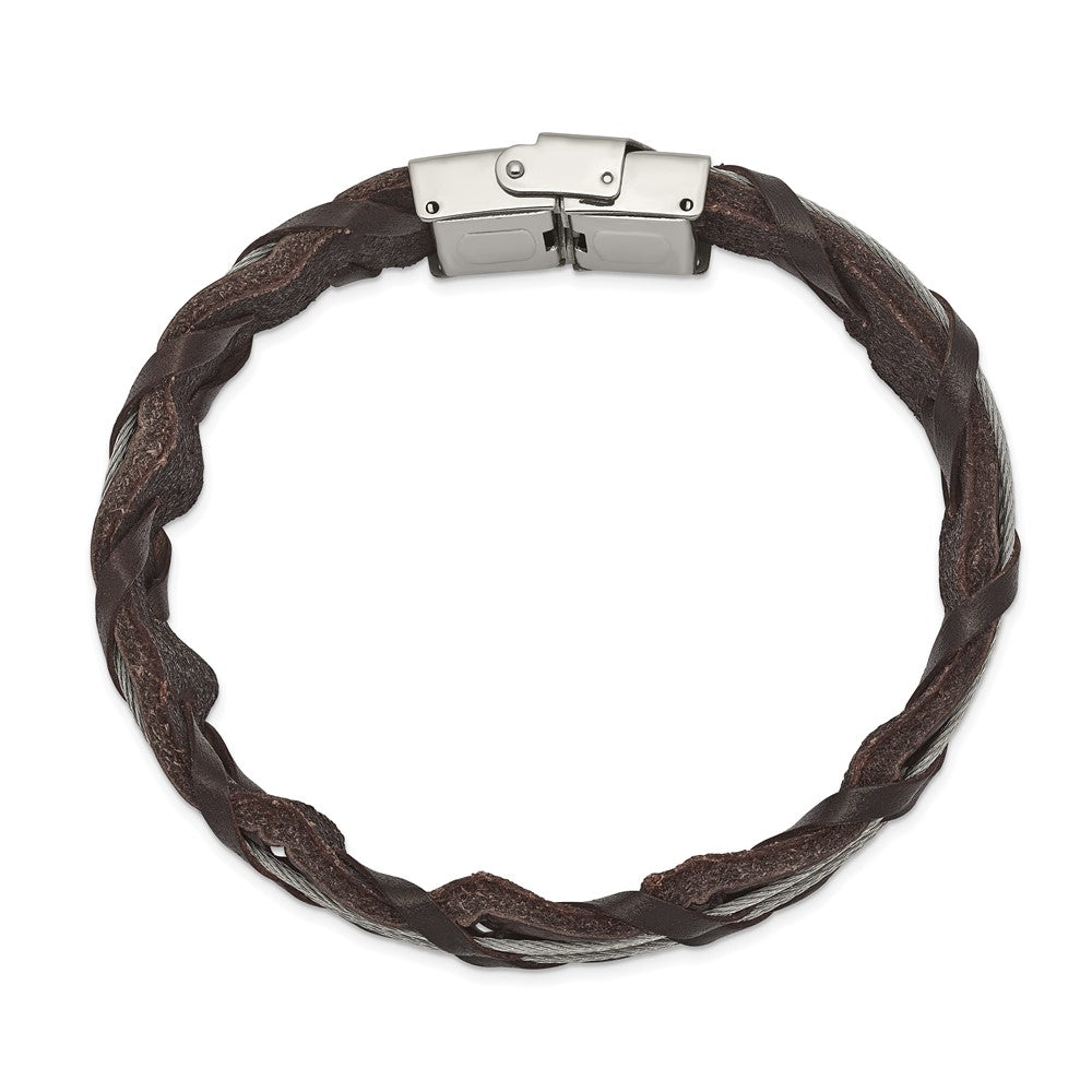 Stainless Steel Polished Cable and Brown Leather 8.5in Bracelet 8.5 inches