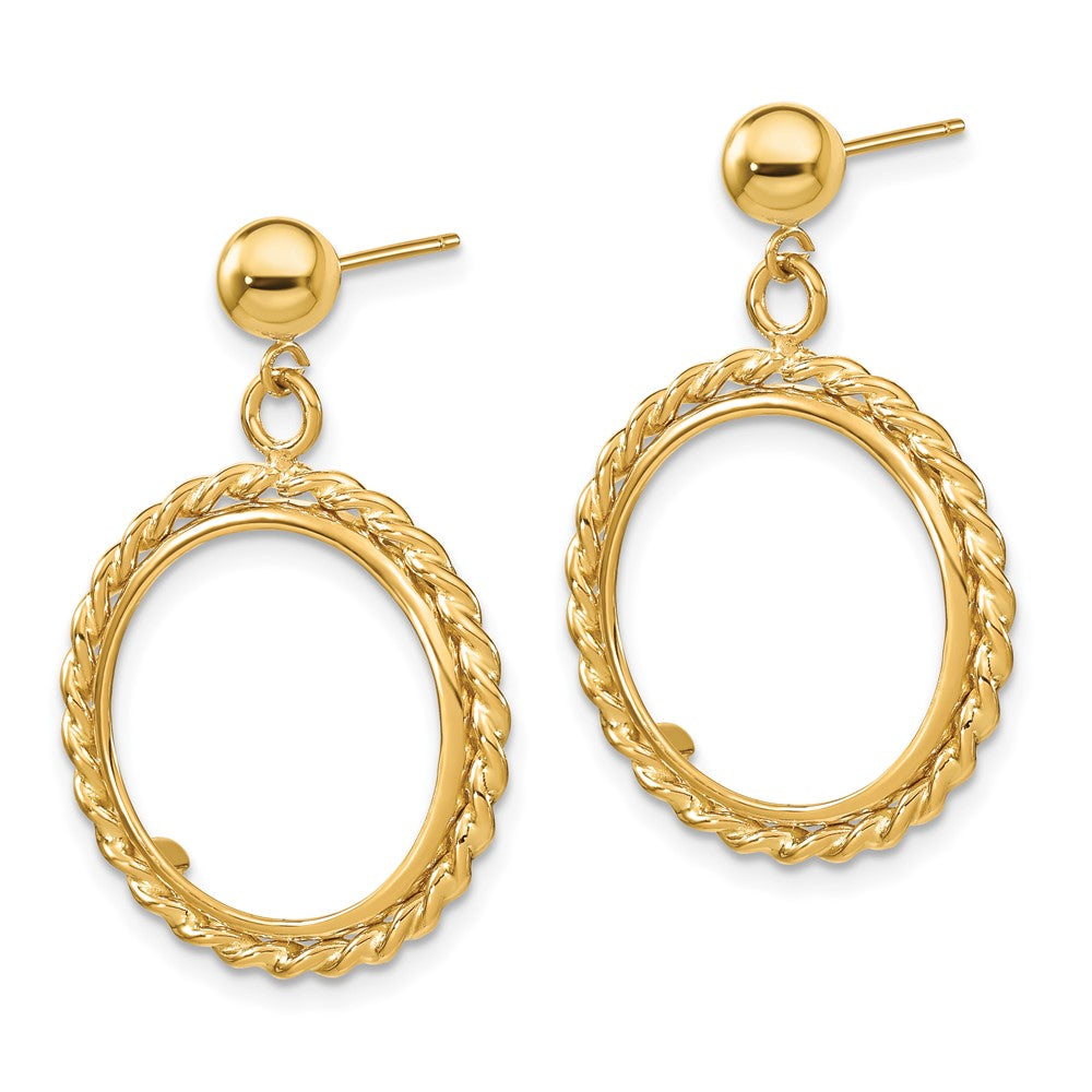 Wideband Distinguished Coin Jewelry 14k Polished Twisted Wire 16.5mm Prong Coin Bezel Post Dangle Earrings