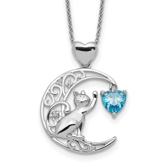 Sterling Silver Blue and Clear CZ Cat and Moon Necklace 17.5 Inches