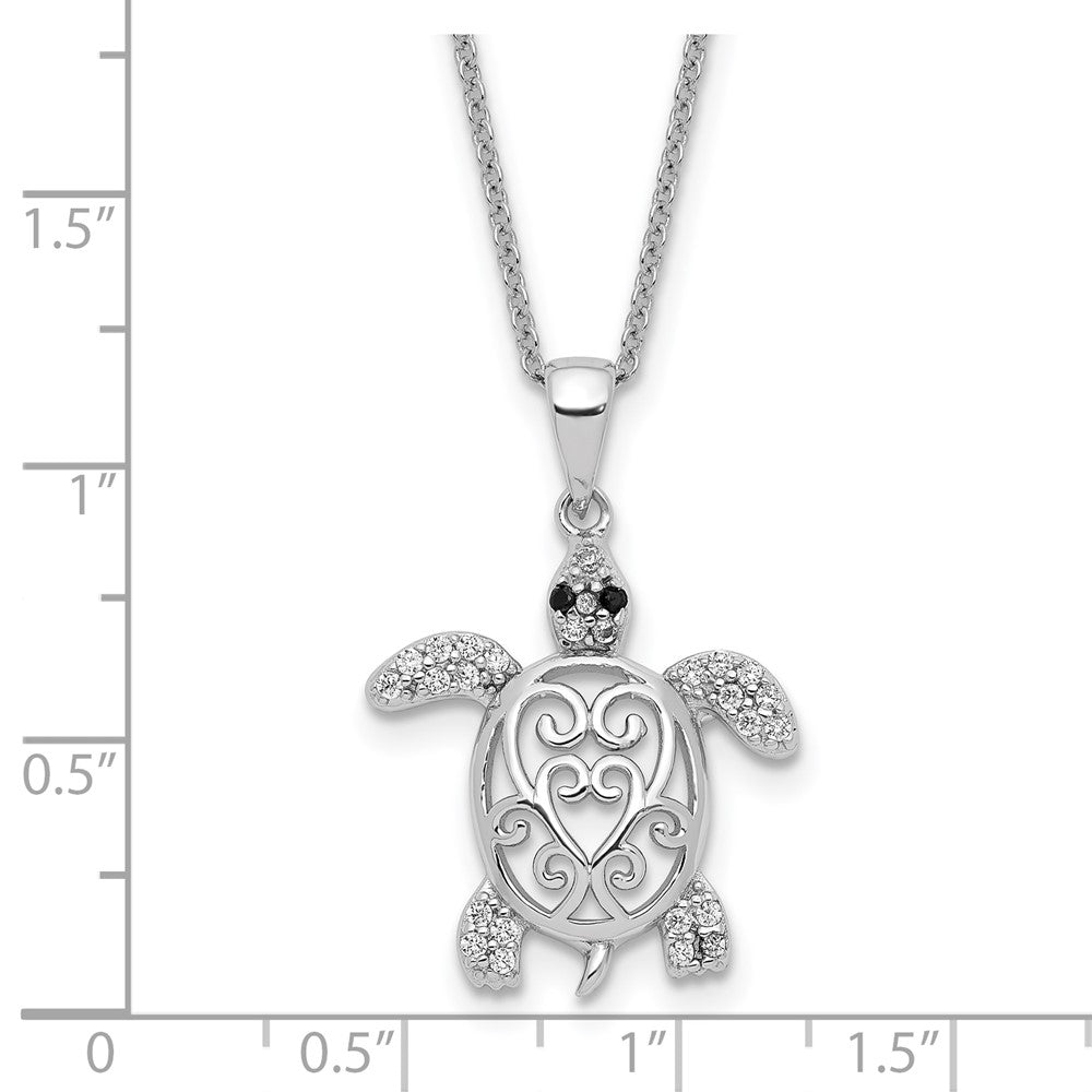 Cheryl M Sterling Silver Rhodium-plated Brilliant-cut Black Glass and Brilliant-cut White CZ Filigree Turtle 18 Inch Necklace 18 Inches