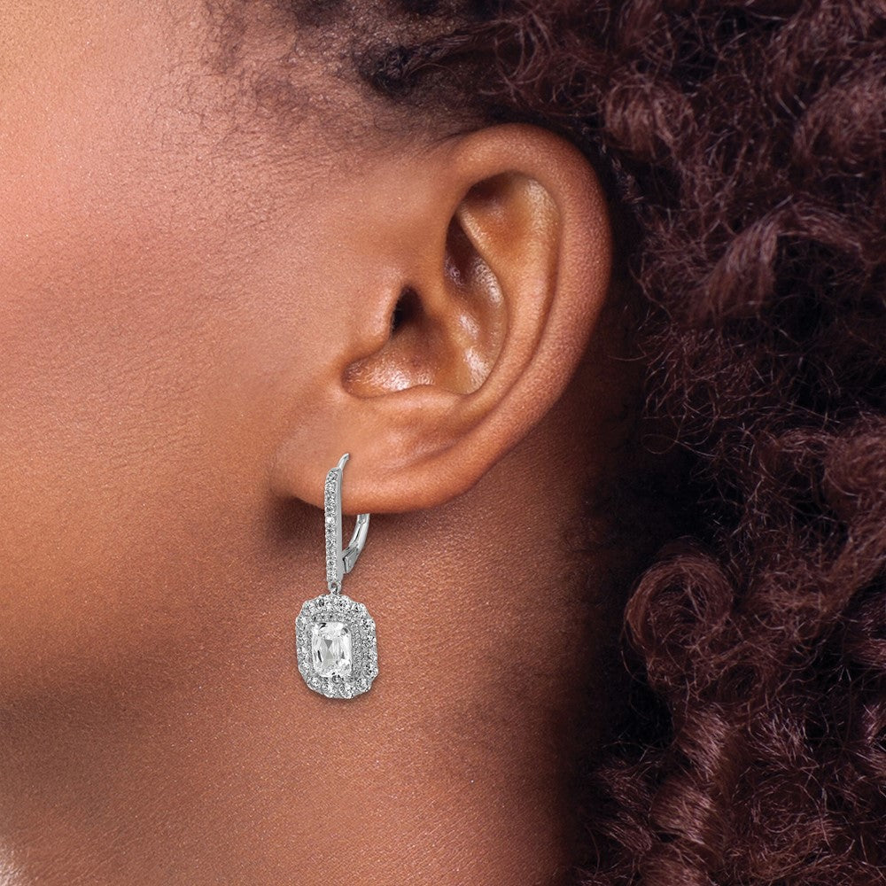 Cheryl M Sterling Silver Rhodium-plated Polished Fancy Emerald-cut CZ Halo Dangle Leverback Earrings