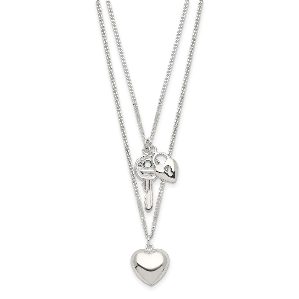 Sterling Silver 2-Strand Heart and Key Necklace 18 Inches
