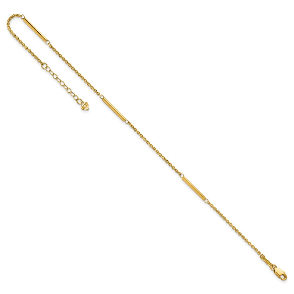 14k Polished Fancy Cable Chain and Bar 3-Station 9 inch Plus 1 inch Extension Anklet