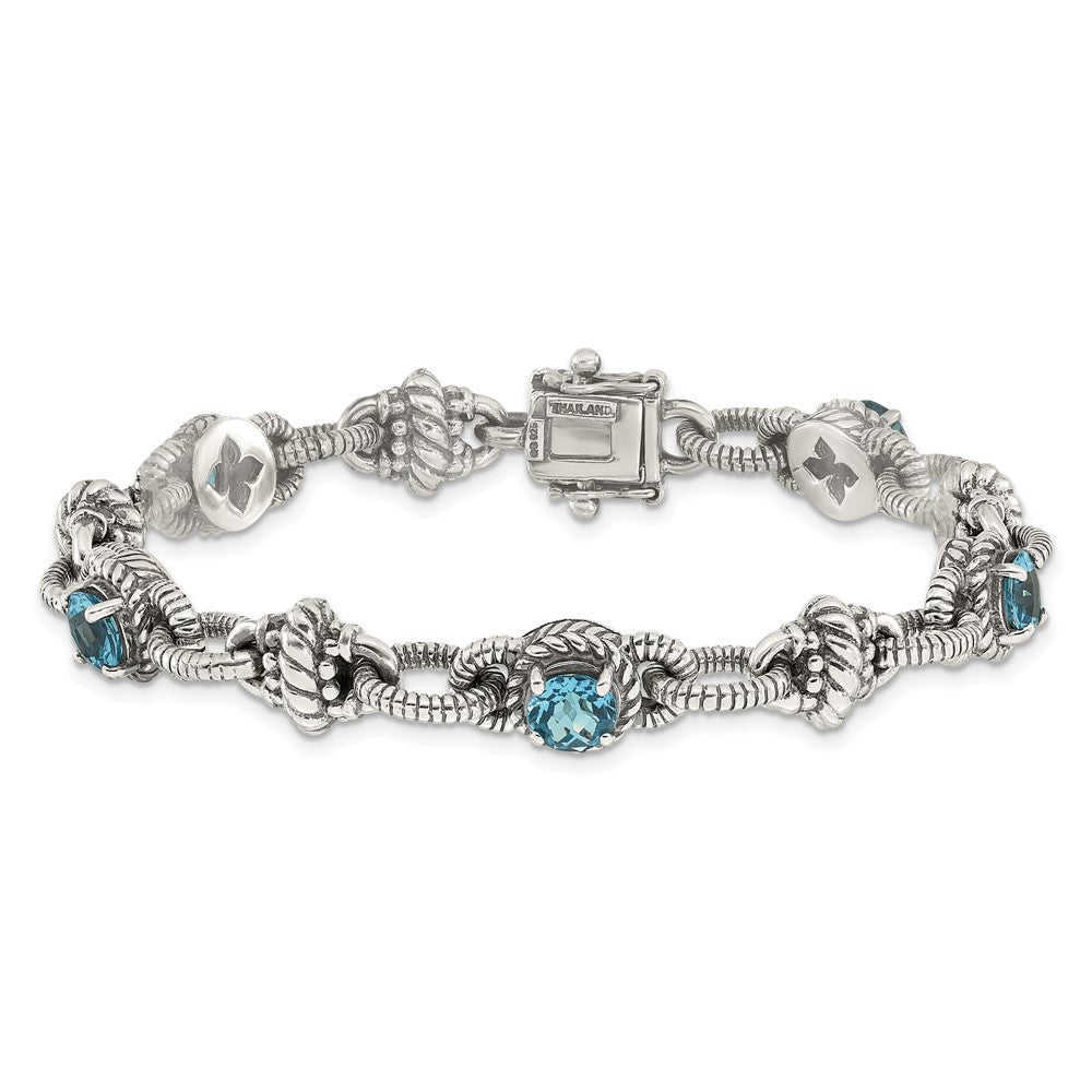 Shey Couture Sterling Silver Antiqued 7.75 Inch Round Swiss Blue Topaz Bracelet 7.75 inches