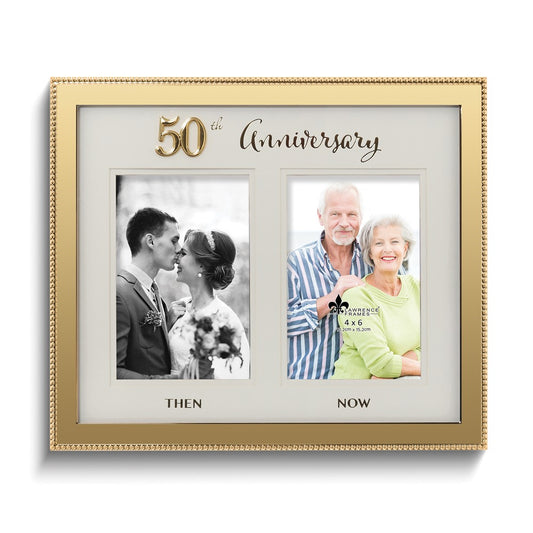 Gold-tone Beaded 50th Anniversary Then and Now Double 4x6 Photo Frame
