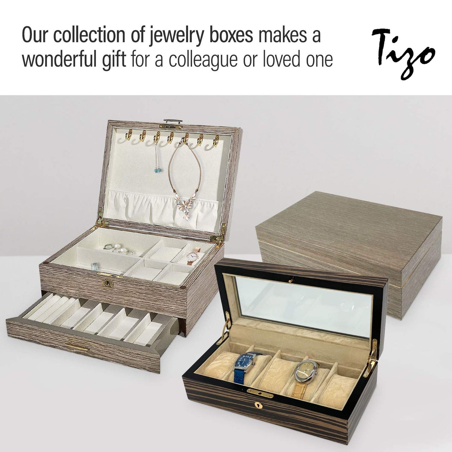 High Gloss Burlwood Finish with Black Accents Two Drawer Wooden Jewelry Box