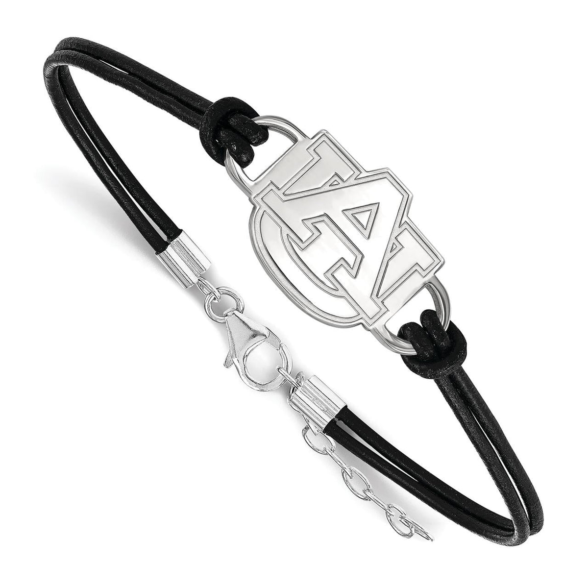 Sterling Silver Official Licensed Collegiate 7in Auburn University (AU) Small Center Leather Bracelet