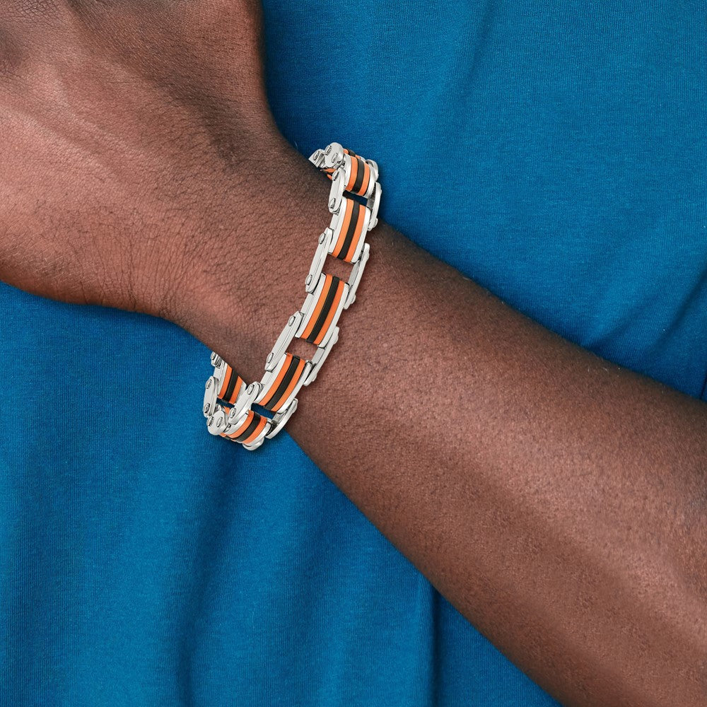 Stainless Steel 8.75in Polished with Polyurethane Black & Orange Bracelet 8.75 inches