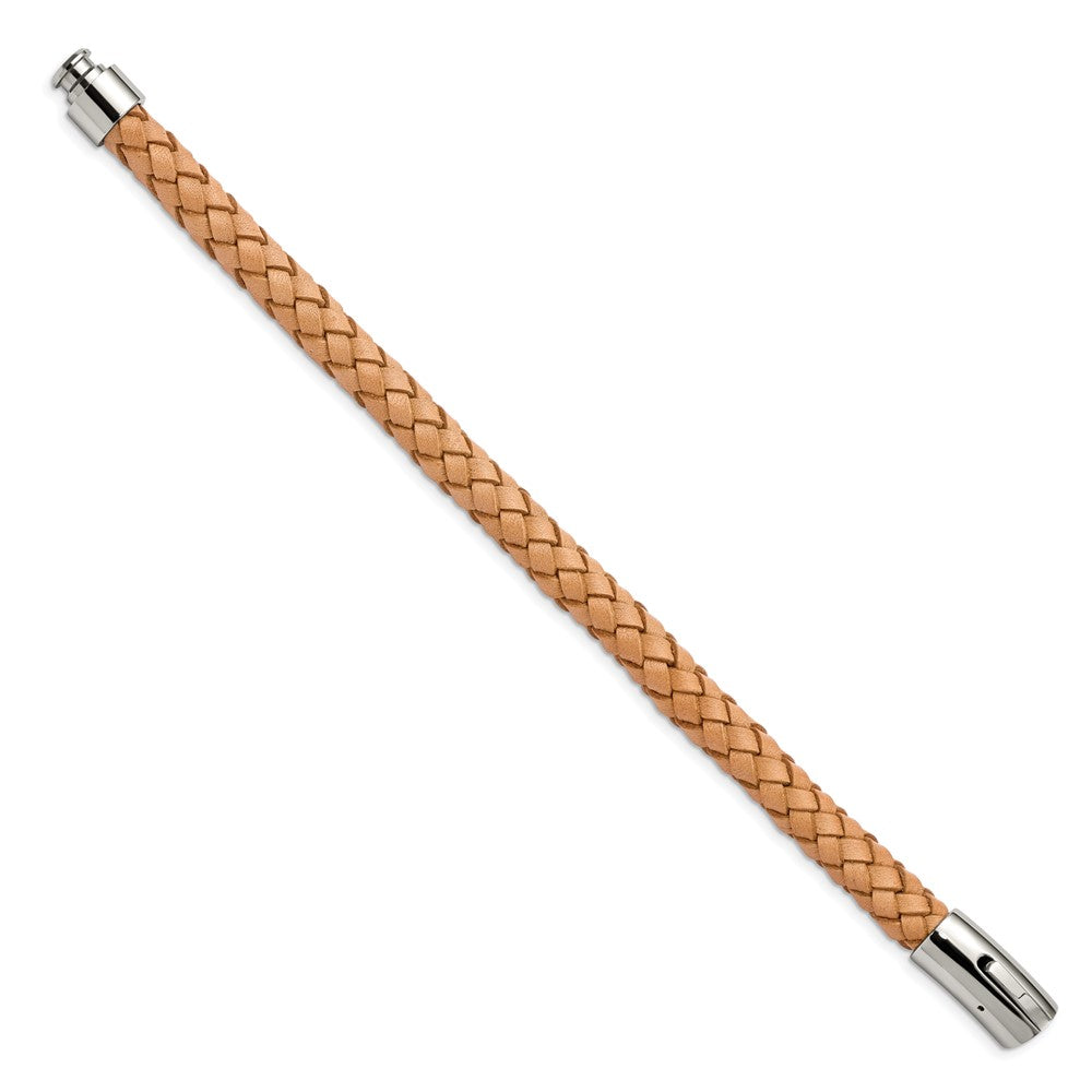 Stainless Steel Polished Light Tan Leather 8.5in Bracelet 8.5 inches