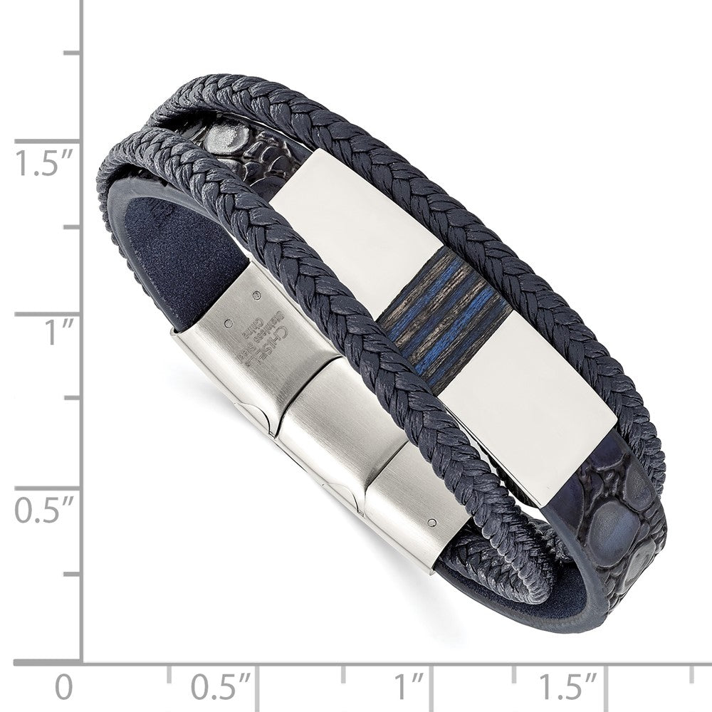 Stainless Steel Polished Blue Wood Blue Leather 8in w/.5in ext Bracelet 8 inches
