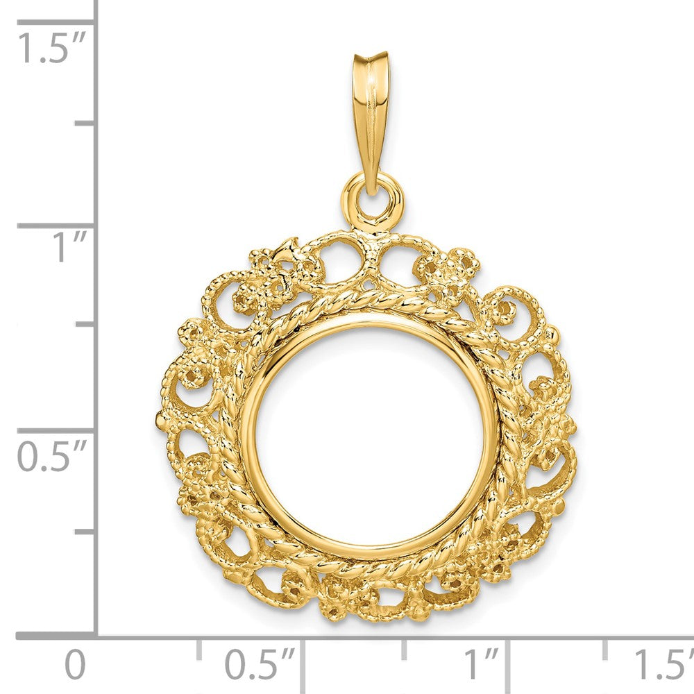 Wideband Distinguished Coin Jewelry 14k Polished and Textured Victorian 15.0mm Prong Coin Bezel Pendant