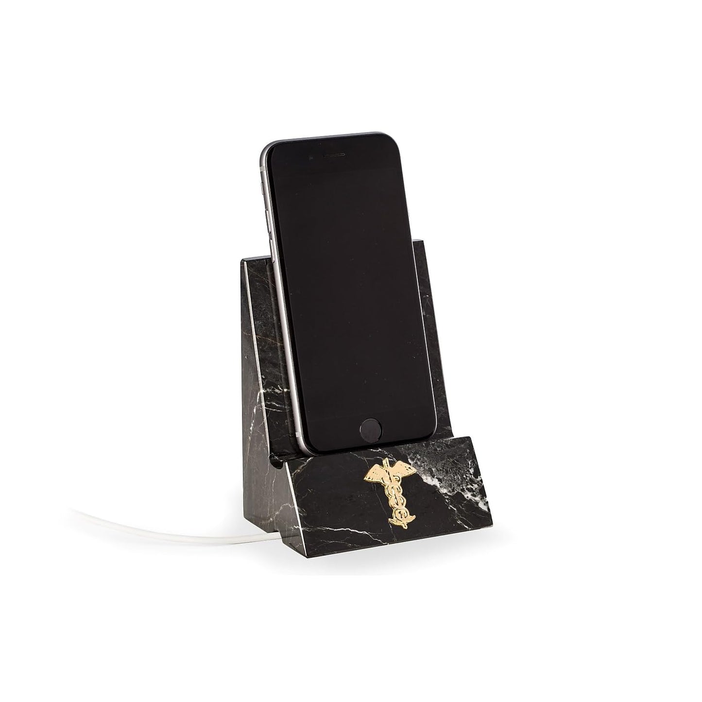 Black "Zebra" Marble Desktop Phone / Tablet Cradle with a Pass-thru Hole for Charging Cable.