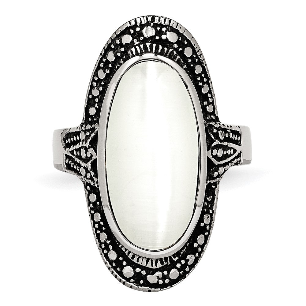 Stainless Steel Antiqued & White Cat's Eye Size 8 Ring