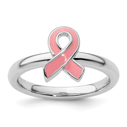 Sterling Silver Stackable Expressions Pink Enameled Awareness Ribbon Ring Size -7