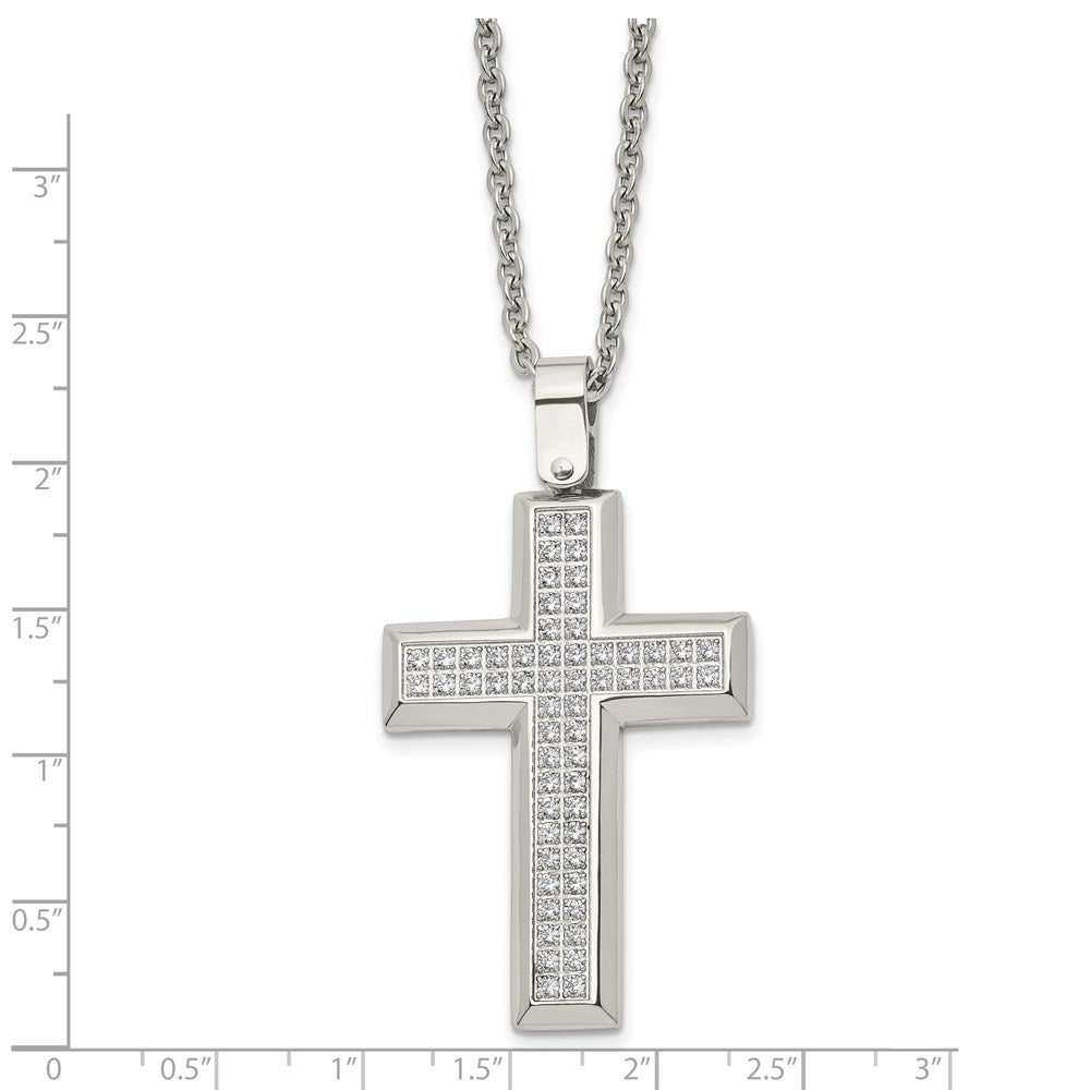 Stainless Steel Polished w/CZ Cross 24in Necklace