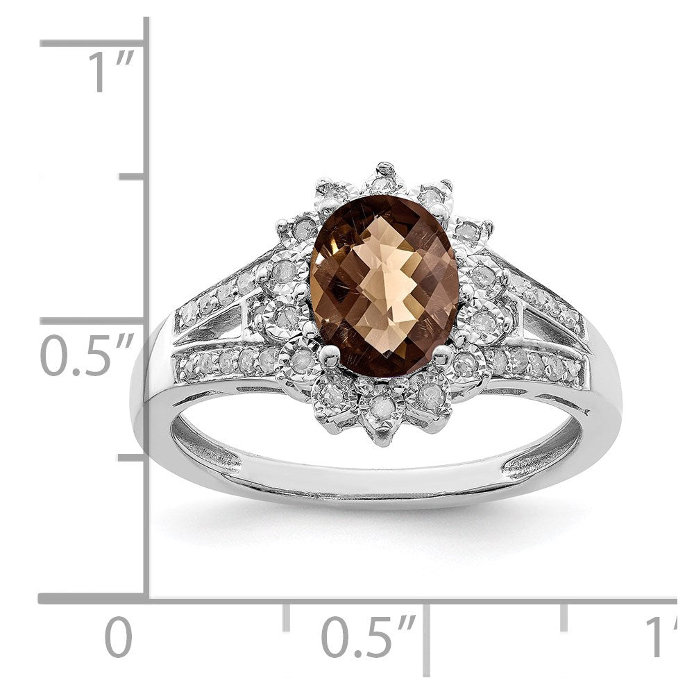 Sterling Silver Rhodium Diam. & Oval Checker-Cut Smoky Quartz Ring