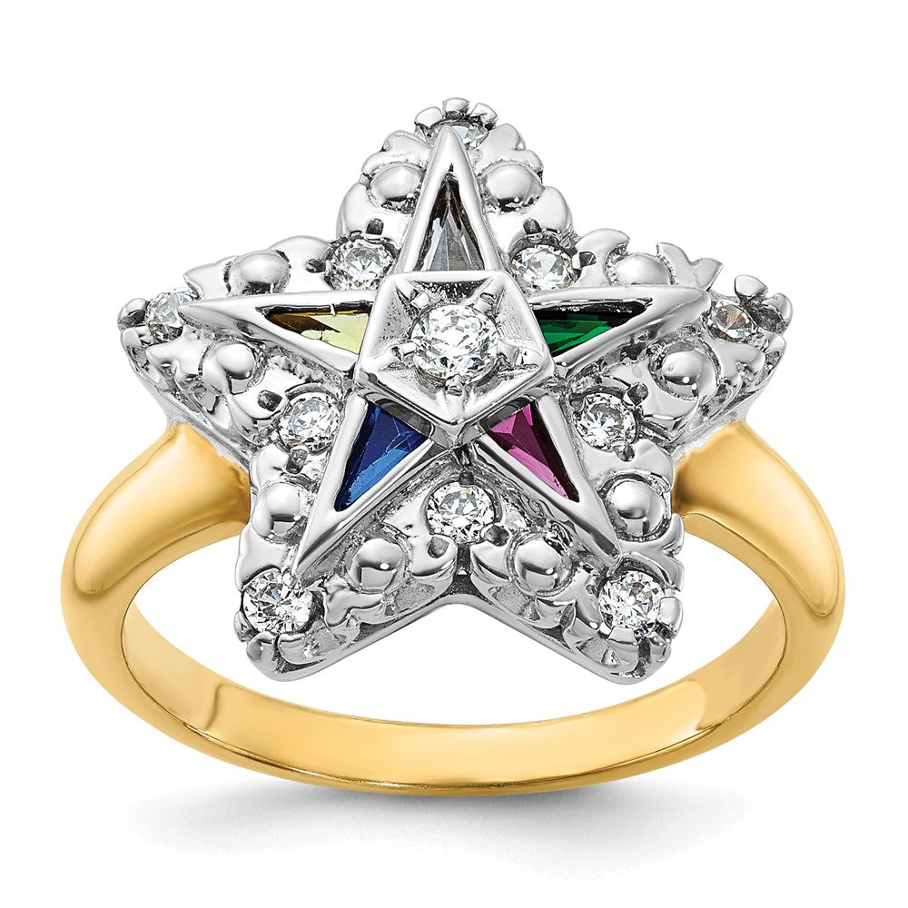 IBGoodman 14k Two-tone Women's Polished and Beaded with Multi-color CZ and Diamond Eastern Star Masonic Ring