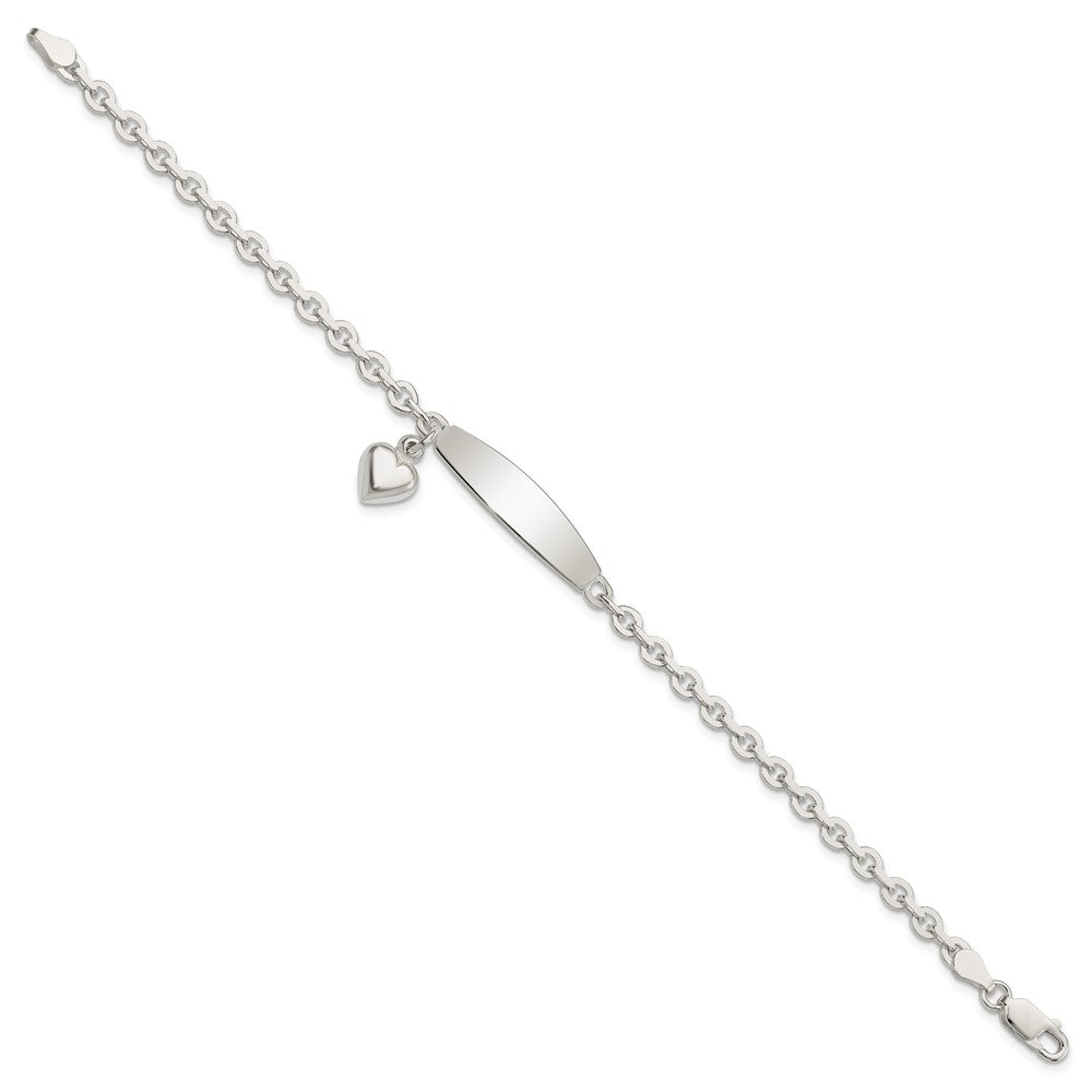 Sterling Silver Polished Rolo Link ID Heart Dangle Bracelet 7.5 inches