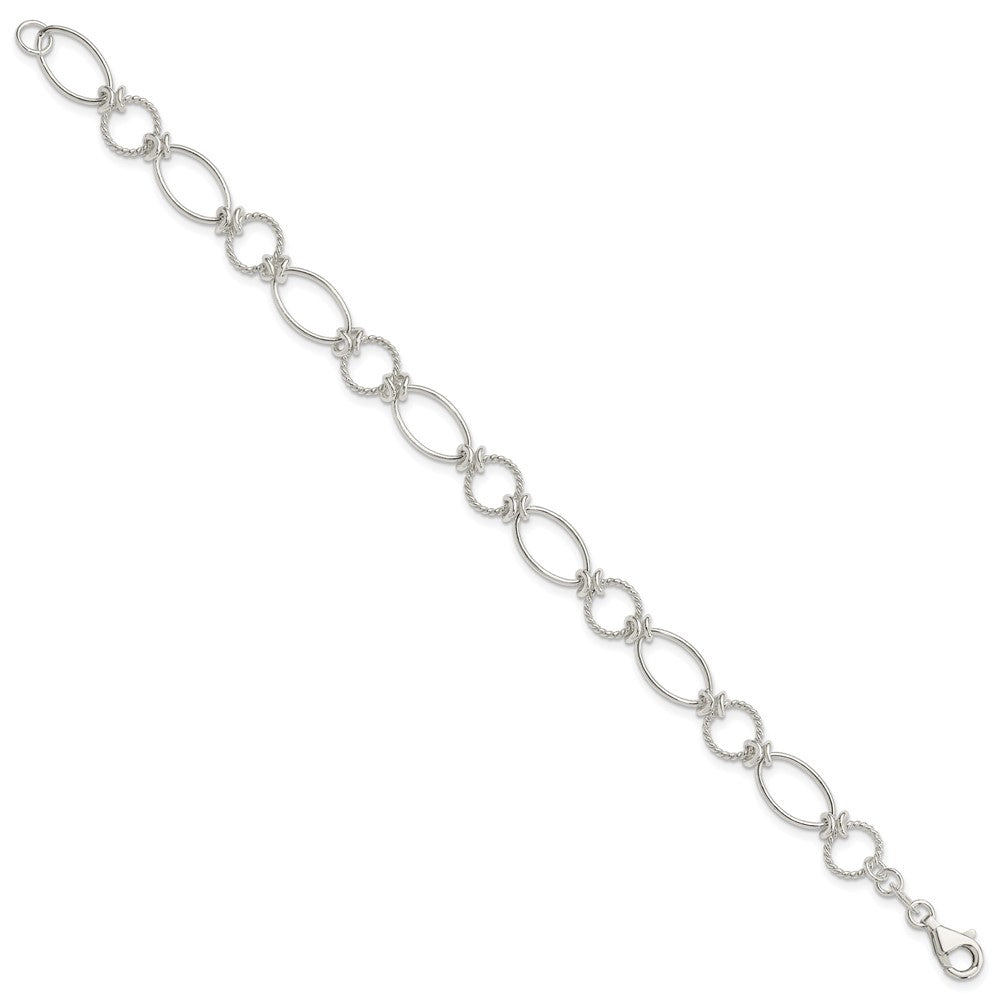 Sterling Silver Polished Textured Fancy Circle and Oval Link Bracelet 7.5 inches