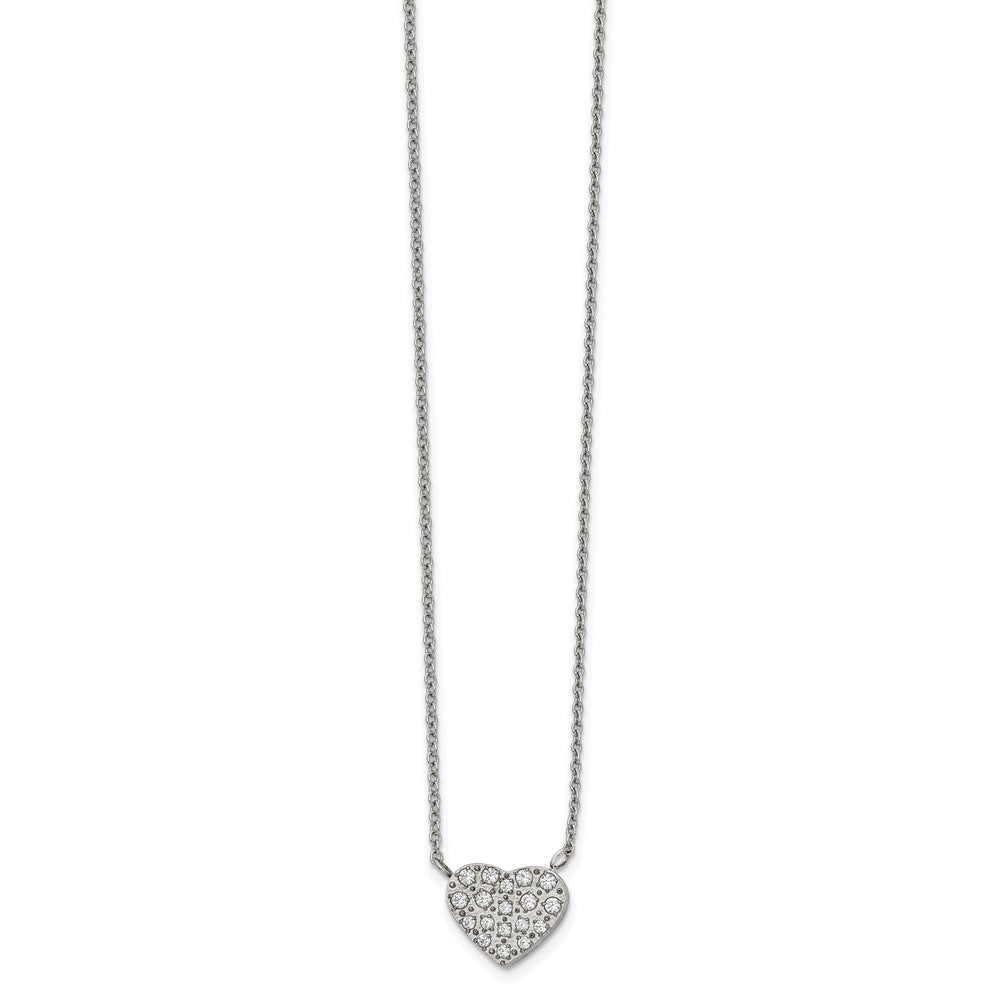 Stainless Steel Polished w/CZ Heart 17in w/2.5in ext Necklace