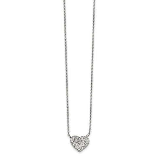 Stainless Steel Polished w/CZ Heart 17in w/2.5in ext Necklace