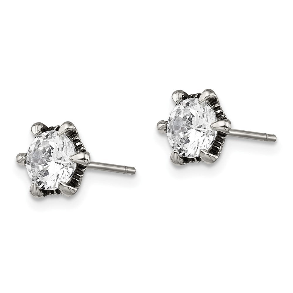 Stainless Steel Antiqued and Polished CZ Post Earrings