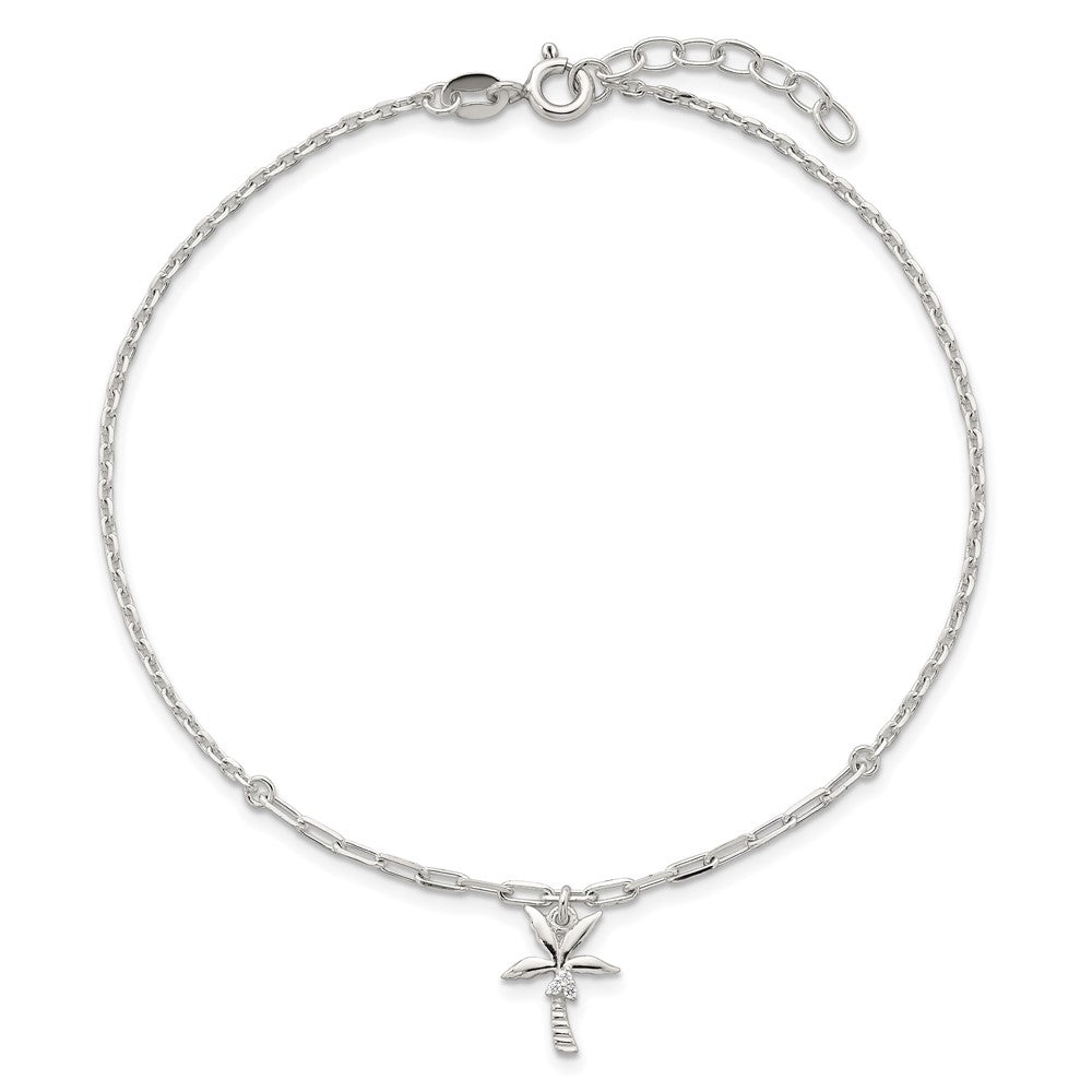 Sterling Silver Polished White CZ Palm Tree Dangle 9 inch with 1 inch Extension Anklet
