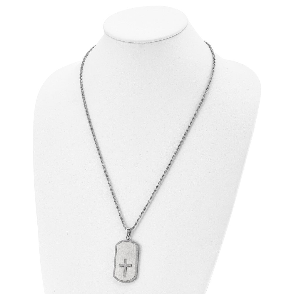 Stainless Steel Brushed Laser Cut Cross Dog Tag 24in Necklace