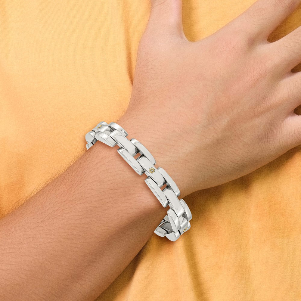 Stainless Steel 8.5in Polished with14k White Gold & Diamonds Bracelet 8.5 inches