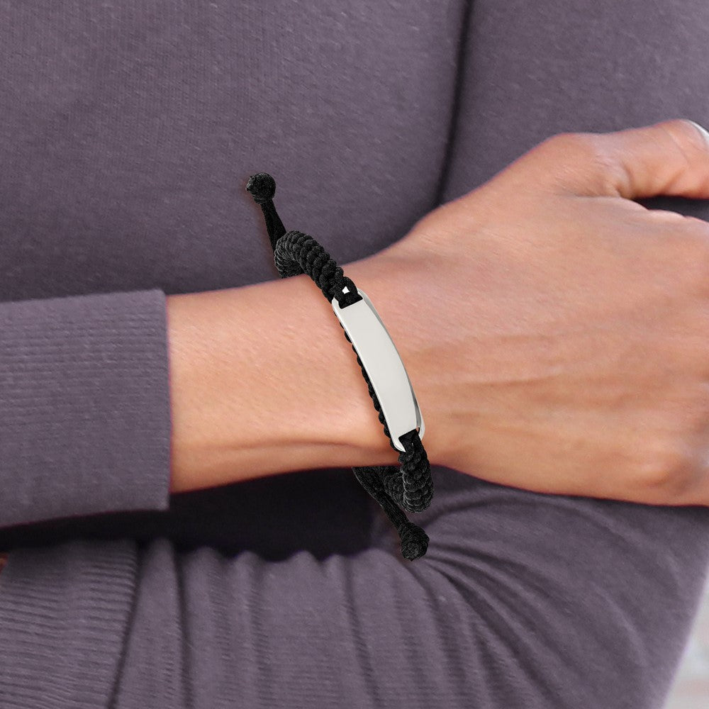 Stainless Steel Polished Black Fabric Adjustable ID Bracelet 13 inches