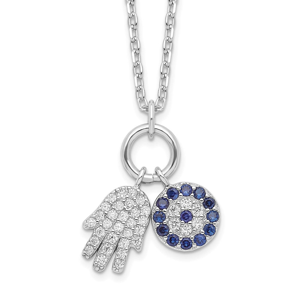 Sterling Silver Rhod-plated CZ Eye and Hamsa Charm Necklace 17 Inches