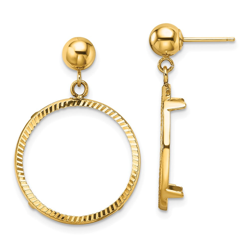 Wideband Distinguished Coin Jewelry 14K Gold Polished & Diamond-Cut Classic 17.8mm Prong Coin Bezel Post Dangle Earrings