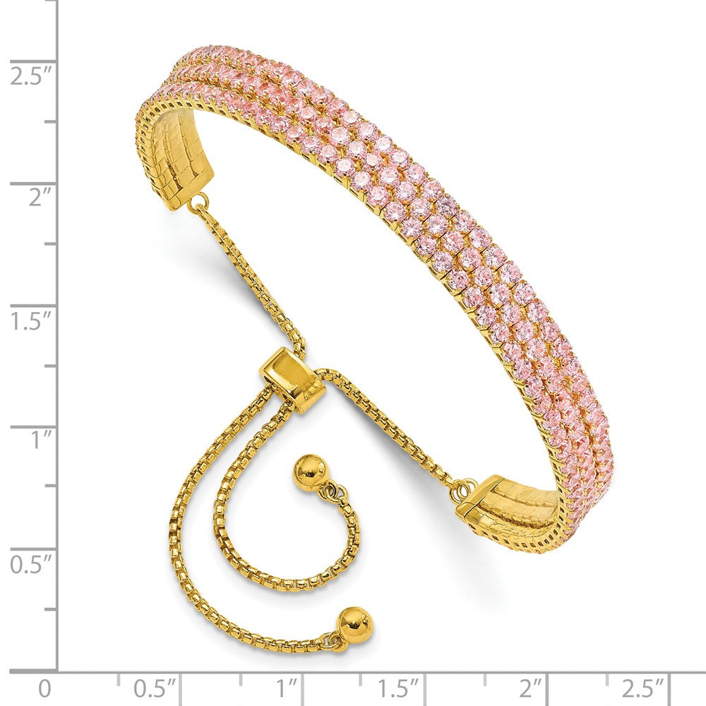 SS Gold Tone October Light Pink Triple CZ Adjustable Bracelet