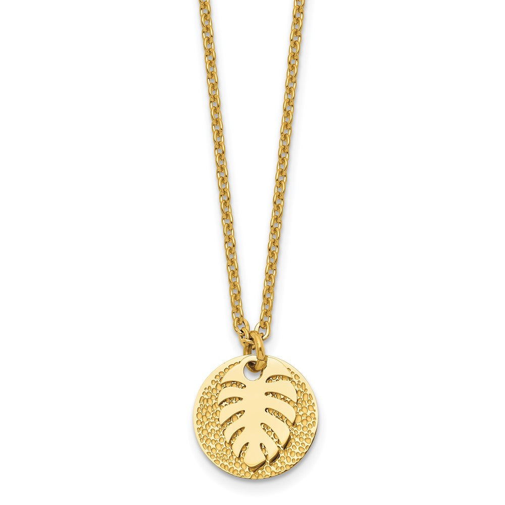 Stainless Steel Polished Textured Yellow IP Circle w/Leaf 27.5in Necklace