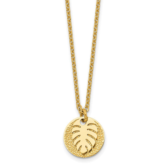 Stainless Steel Polished Textured Yellow IP Circle w/Leaf 27.5in Necklace