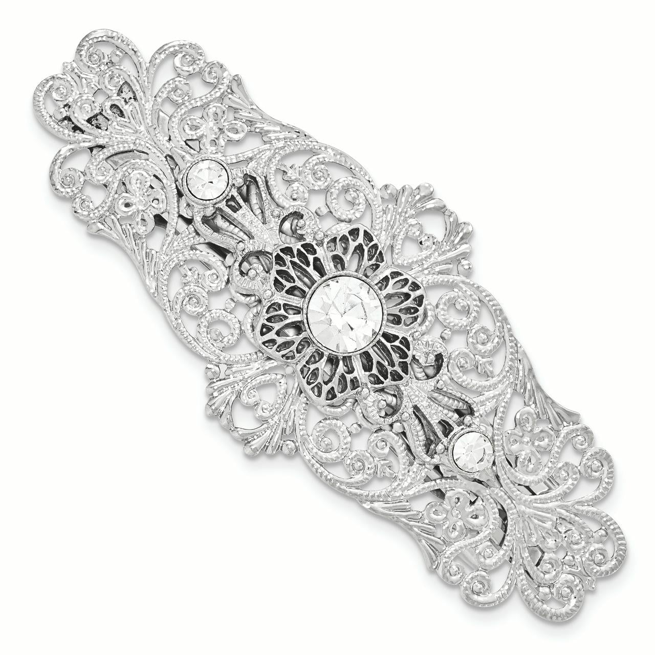 1928 Jewelry Silver-tone Ornate Filigree Clear Crystal Large Hair Barrette QBF2417