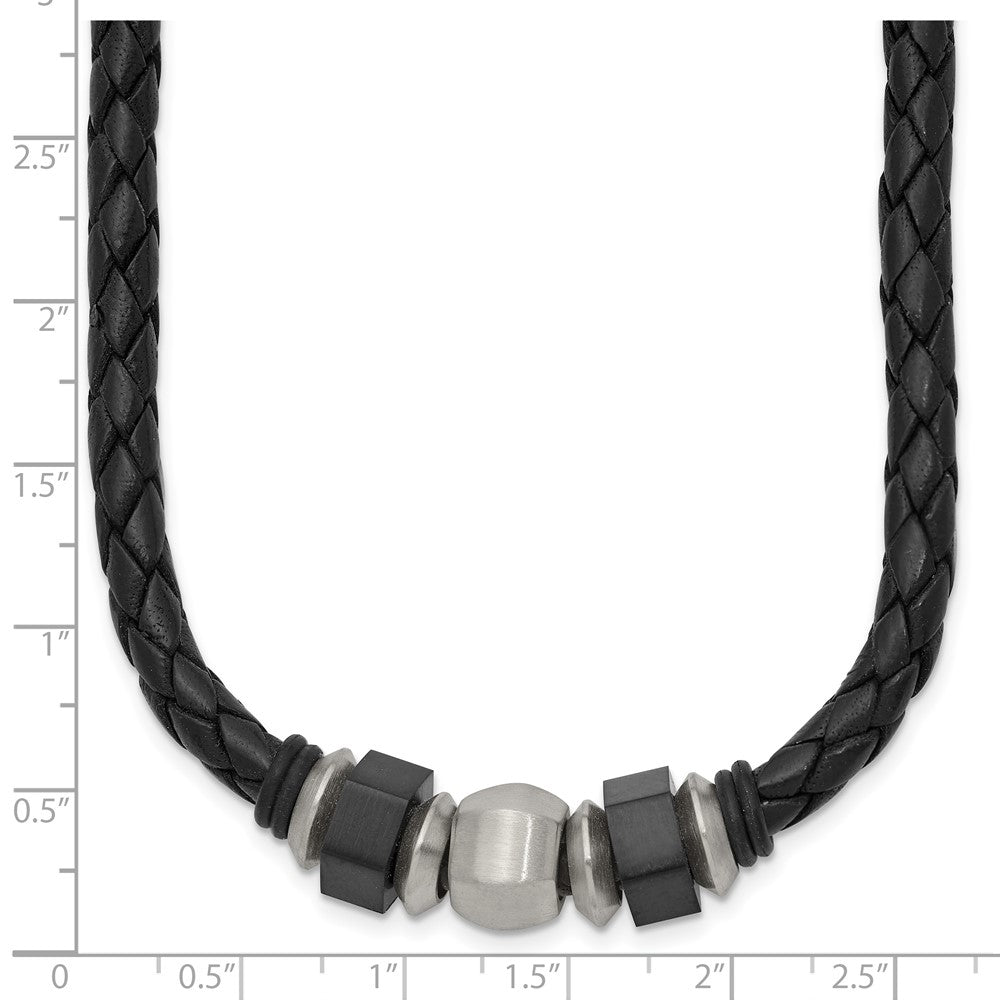 Stainless Steel Brushed Black IP-plated Leather & Rubber Necklace