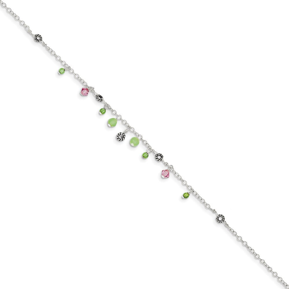 Sterling Silver 9in Pink Crystal Green Quartz Peridot Beads Anklet 9 inches