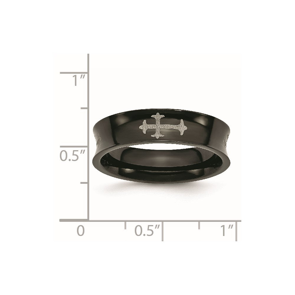 Stainless Steel Polished Black IP-plated Cross 6mm Concave Band Size - 12